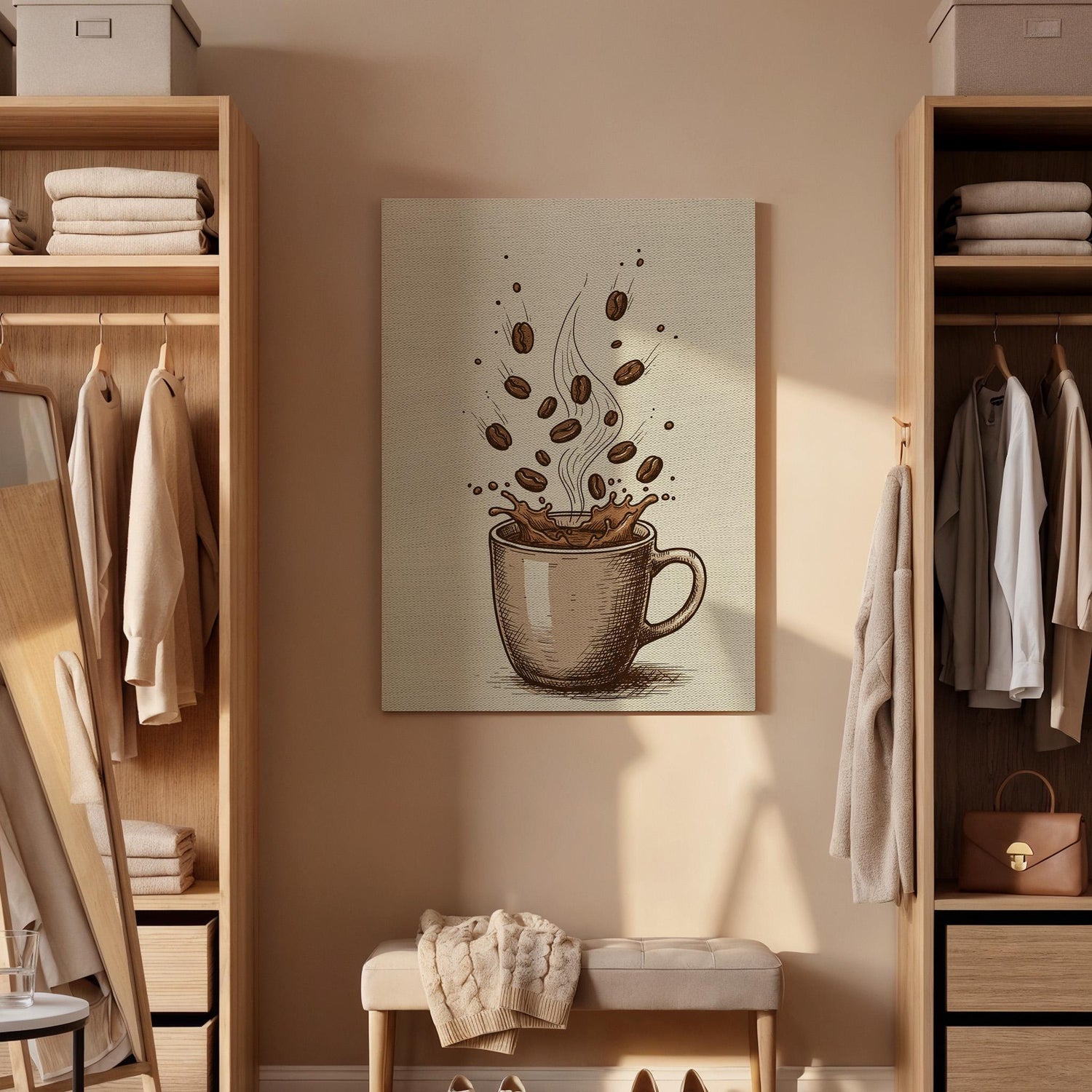Coffee Cup Canvas Wall Art, Vintage Kitchen Print with Beans and Splash, Rustic Cafe Decor, Framed Artwork for Dining Room or Coffee Bar