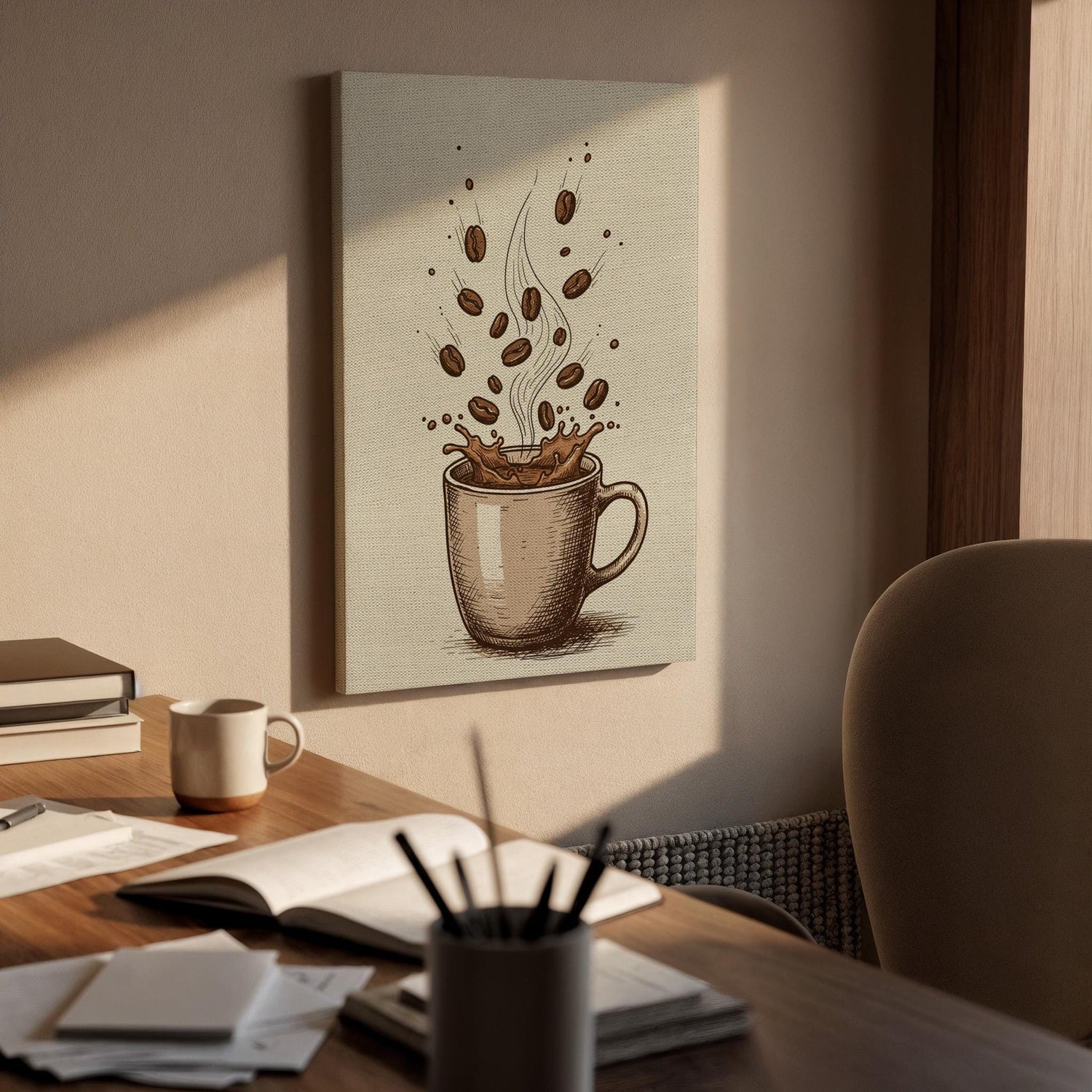 Coffee Cup Canvas Wall Art, Vintage Kitchen Print with Beans and Splash, Rustic Cafe Decor, Framed Artwork for Dining Room or Coffee Bar