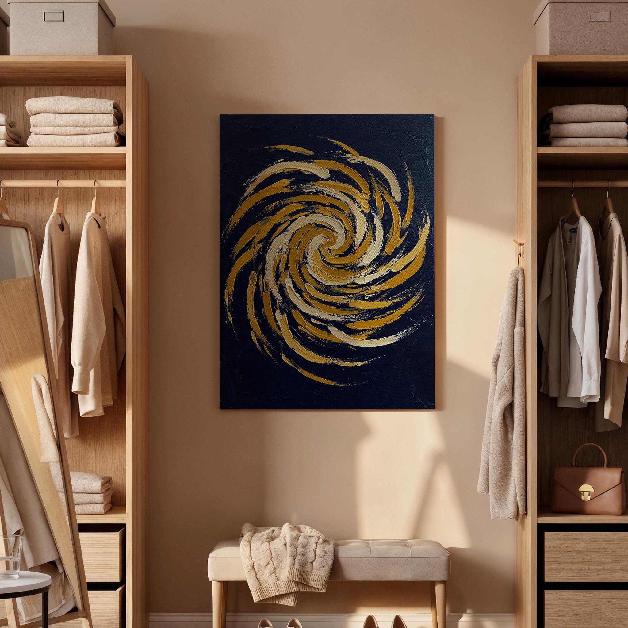 Abstract Swirl Canvas Wall Art, Blue and Gold Spiral Painting Print, Modern Geometric Artwork, Framed Minimal Decor for Living Room, Office