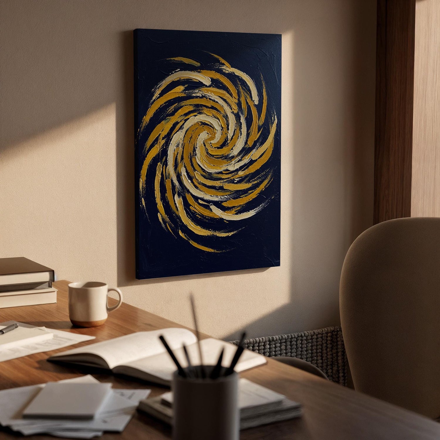 Abstract Swirl Canvas Wall Art, Blue and Gold Spiral Painting Print, Modern Geometric Artwork, Framed Minimal Decor for Living Room, Office