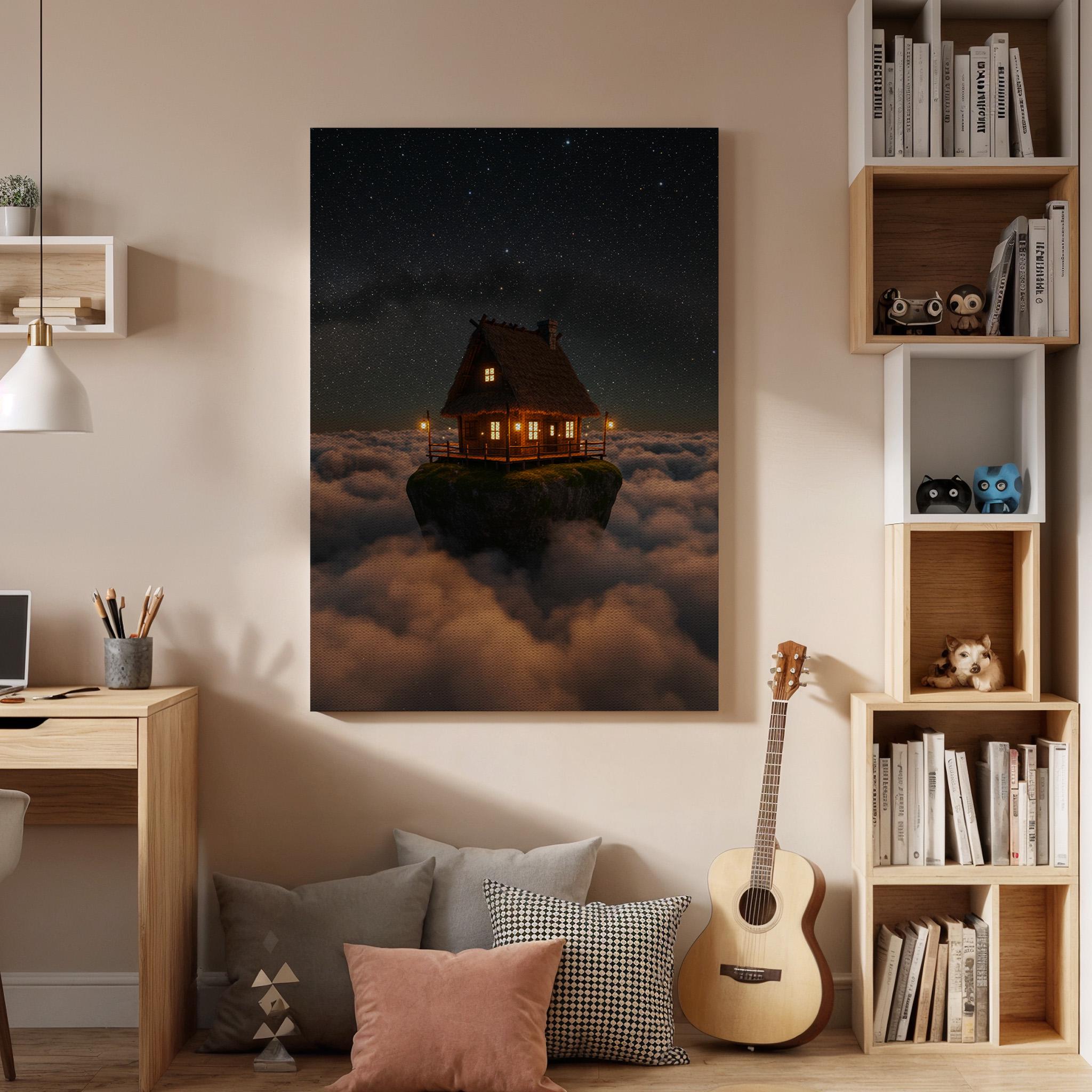 Floating Cabin Canvas Wall Art, Fantasy Night Sky Print, Dream House Above Clouds, Surreal Landscape Artwork for Bedroom or Living Room