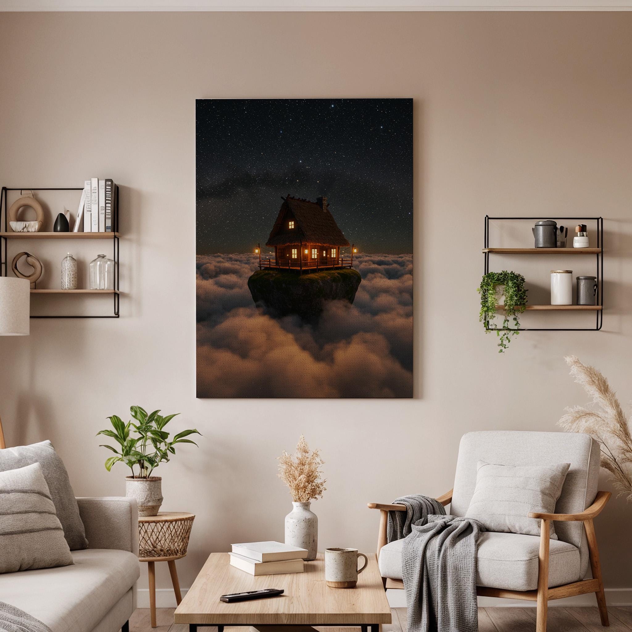 Floating Cabin Canvas Wall Art, Fantasy Night Sky Print, Dream House Above Clouds, Surreal Landscape Artwork for Bedroom or Living Room