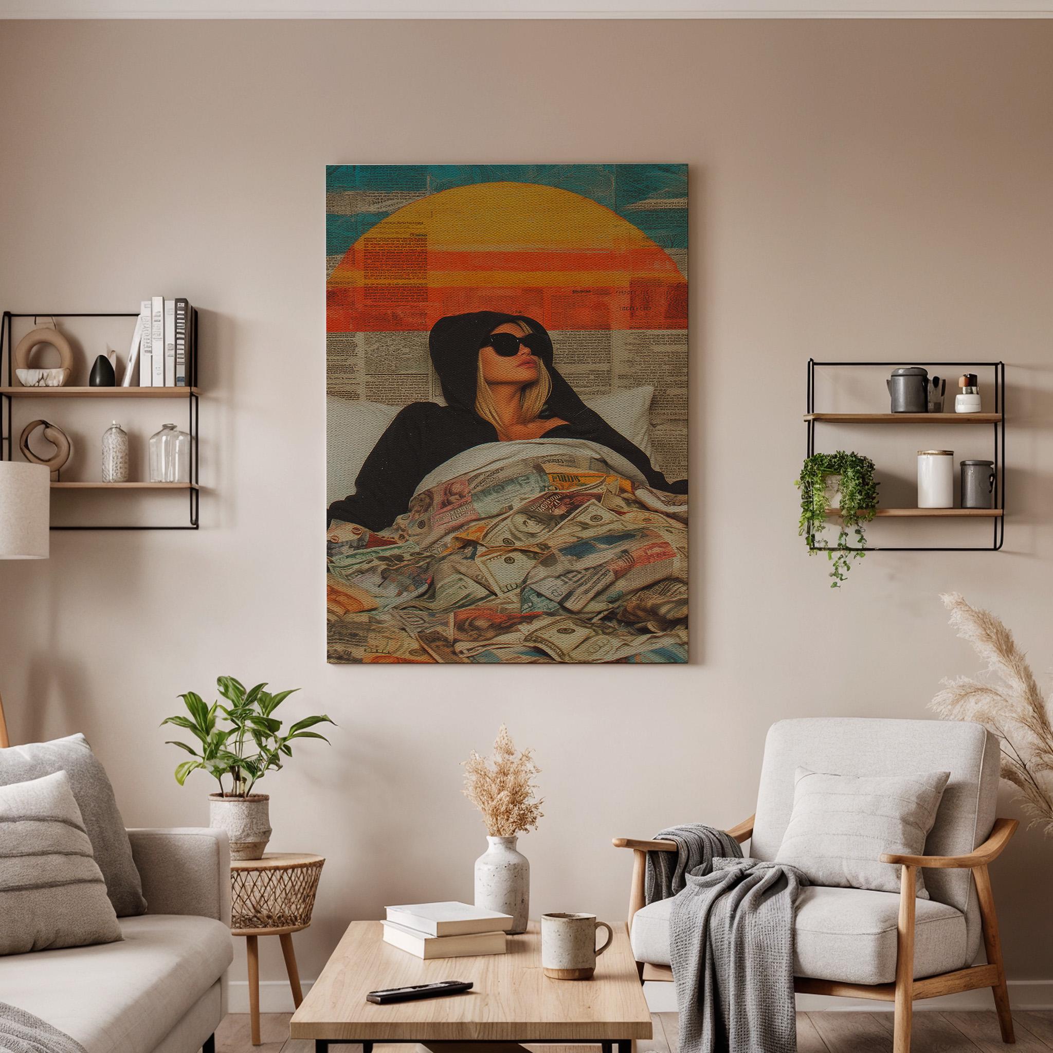 Woman Money Bed Canvas Wall Art, Modern Pop Art Print, Retro Sun Illustration, Framed Cool Artwork for Bedroom Living Room or Creative Space