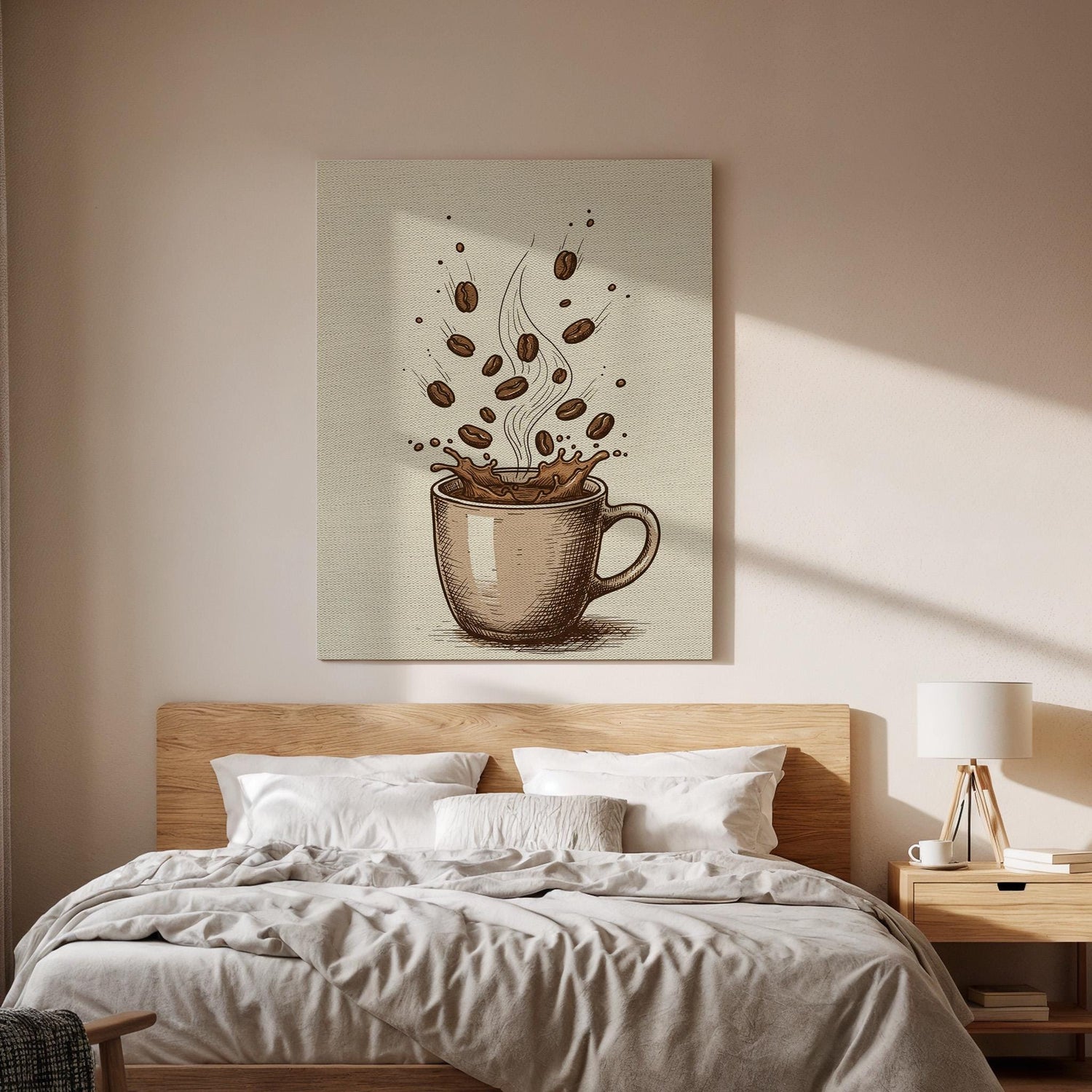 Coffee Cup Canvas Wall Art, Vintage Kitchen Print with Beans and Splash, Rustic Cafe Decor, Framed Artwork for Dining Room or Coffee Bar