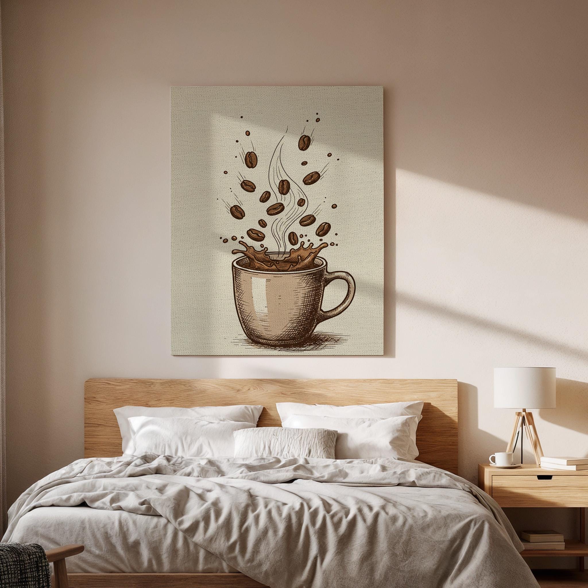 Coffee Cup Canvas Wall Art, Vintage Kitchen Print with Beans and Splash, Rustic Cafe Decor, Framed Artwork for Dining Room or Coffee Bar