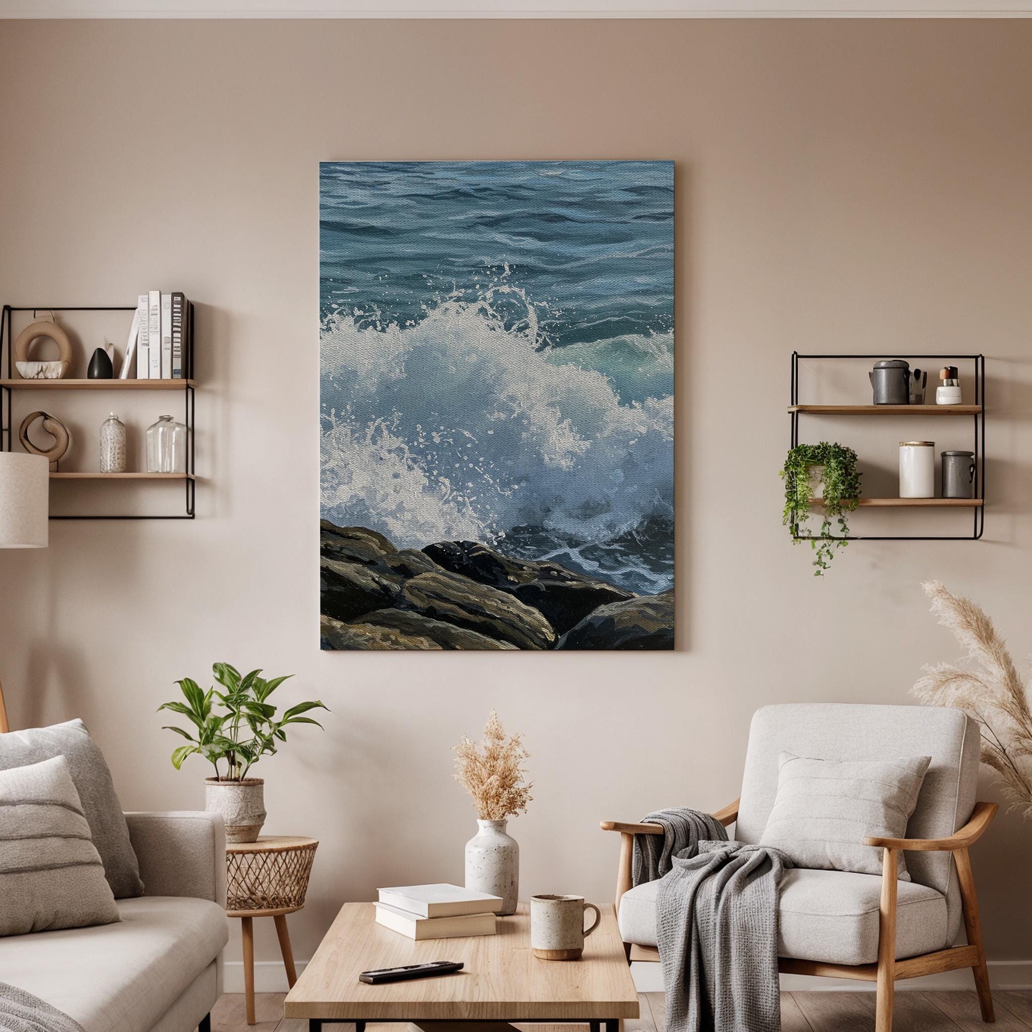 Ocean Wave Crash Canvas Wall Art, Coastal Seascape Print, Framed Beach Nature Decor for Bathroom, Living Room or Coastal Themed Spaces