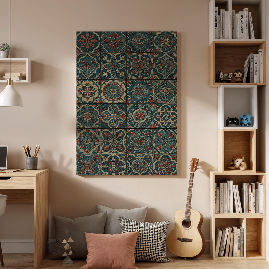 Vintage Tile Pattern Canvas Wall Art, Moroccan Boho Mosaic Print, Decorative Geometric Framed Artwork for Kitchen, Dining Room,Living Space