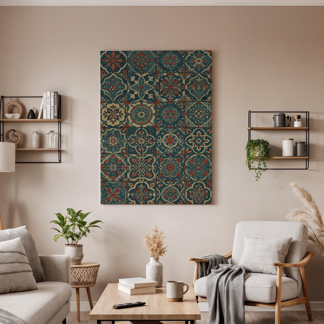 Vintage Tile Pattern Canvas Wall Art, Moroccan Boho Mosaic Print, Decorative Geometric Framed Artwork for Kitchen, Dining Room,Living Space
