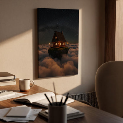 Floating Cabin Canvas Wall Art, Fantasy Night Sky Print, Dream House Above Clouds, Surreal Landscape Artwork for Bedroom or Living Room