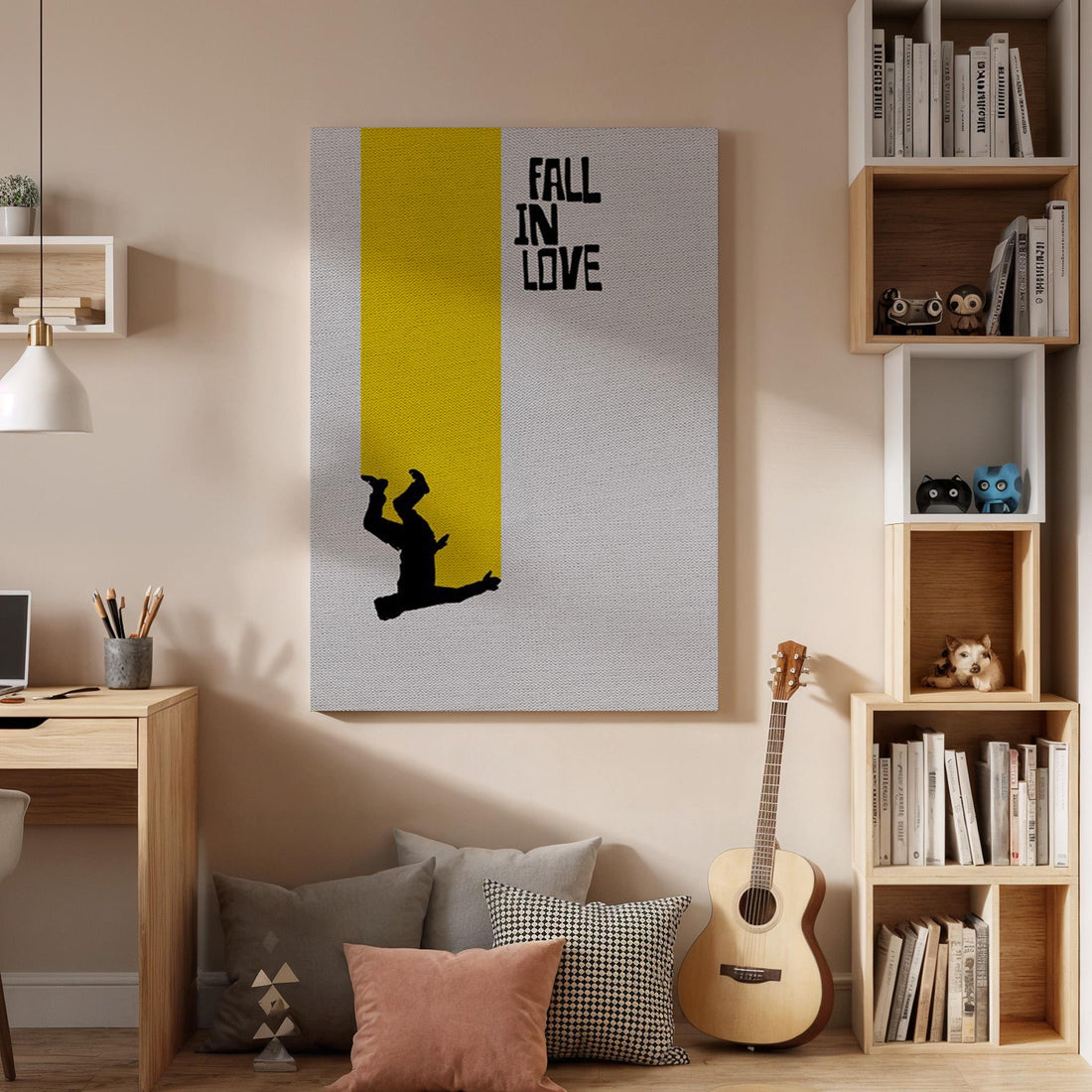 Fall In Love Canvas Wall Art, Minimalist Street Art Print, Yellow Accent Modern Artwork,Framed Contemporary Decor for Bedroom or Living Room