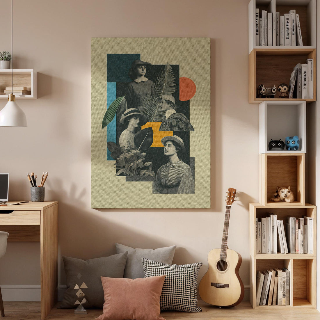 Vintage Women Collage Canvas Wall Art, Retro Portrait Illustration, Botanical Minimal Artwork,Framed Modern Print for Living Room or Bedroom
