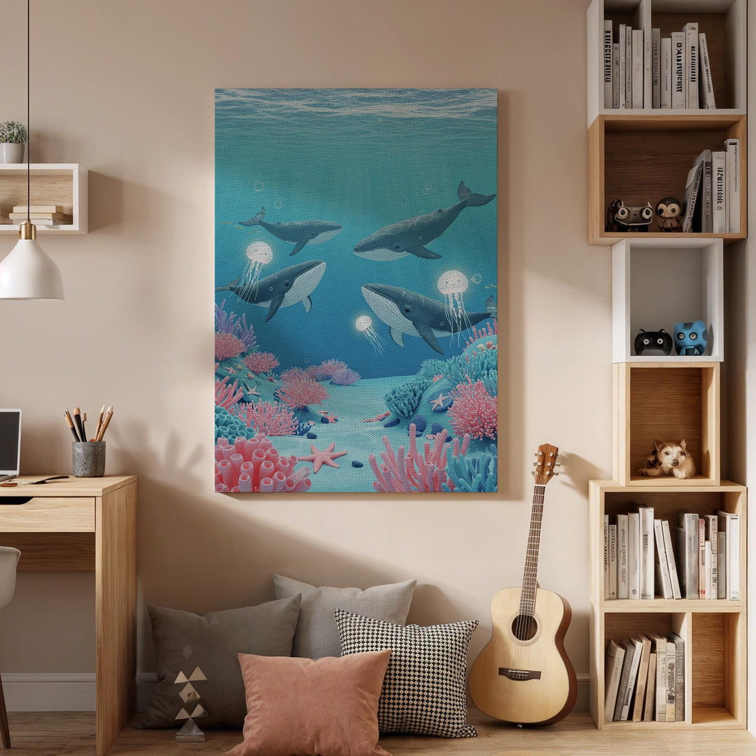 Whale Ocean Canvas Wall Art, Underwater Sea Life Print, Colorful Coral Reef Artwork, Framed Marine Animal Decor for Living Room,Kids Bedroom