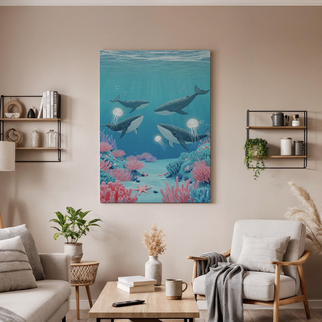 Whale Ocean Canvas Wall Art, Underwater Sea Life Print, Colorful Coral Reef Artwork, Framed Marine Animal Decor for Living Room,Kids Bedroom