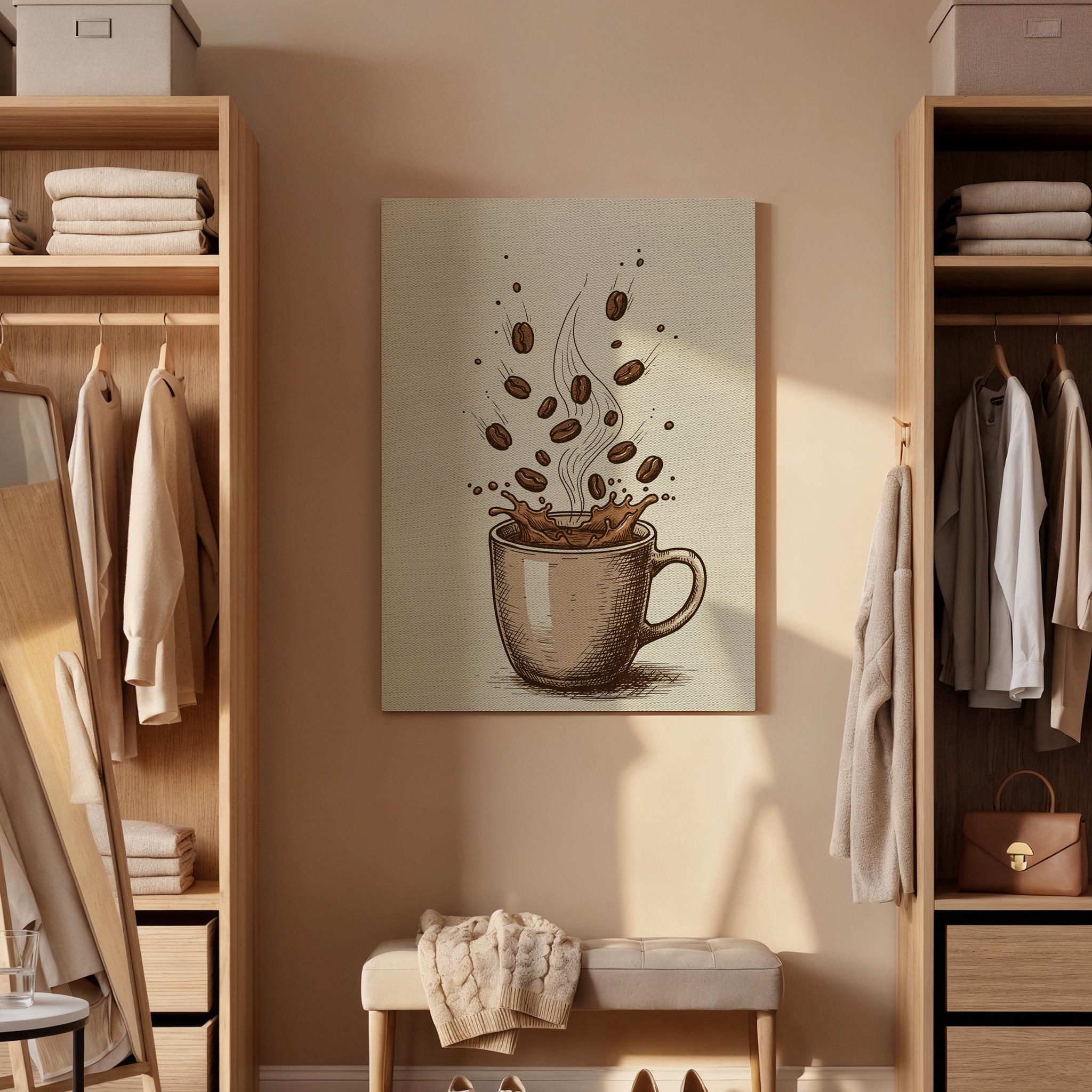 Coffee Cup Canvas Wall Art, Vintage Kitchen Print with Beans and Splash, Rustic Cafe Decor, Framed Artwork for Dining Room or Coffee Bar