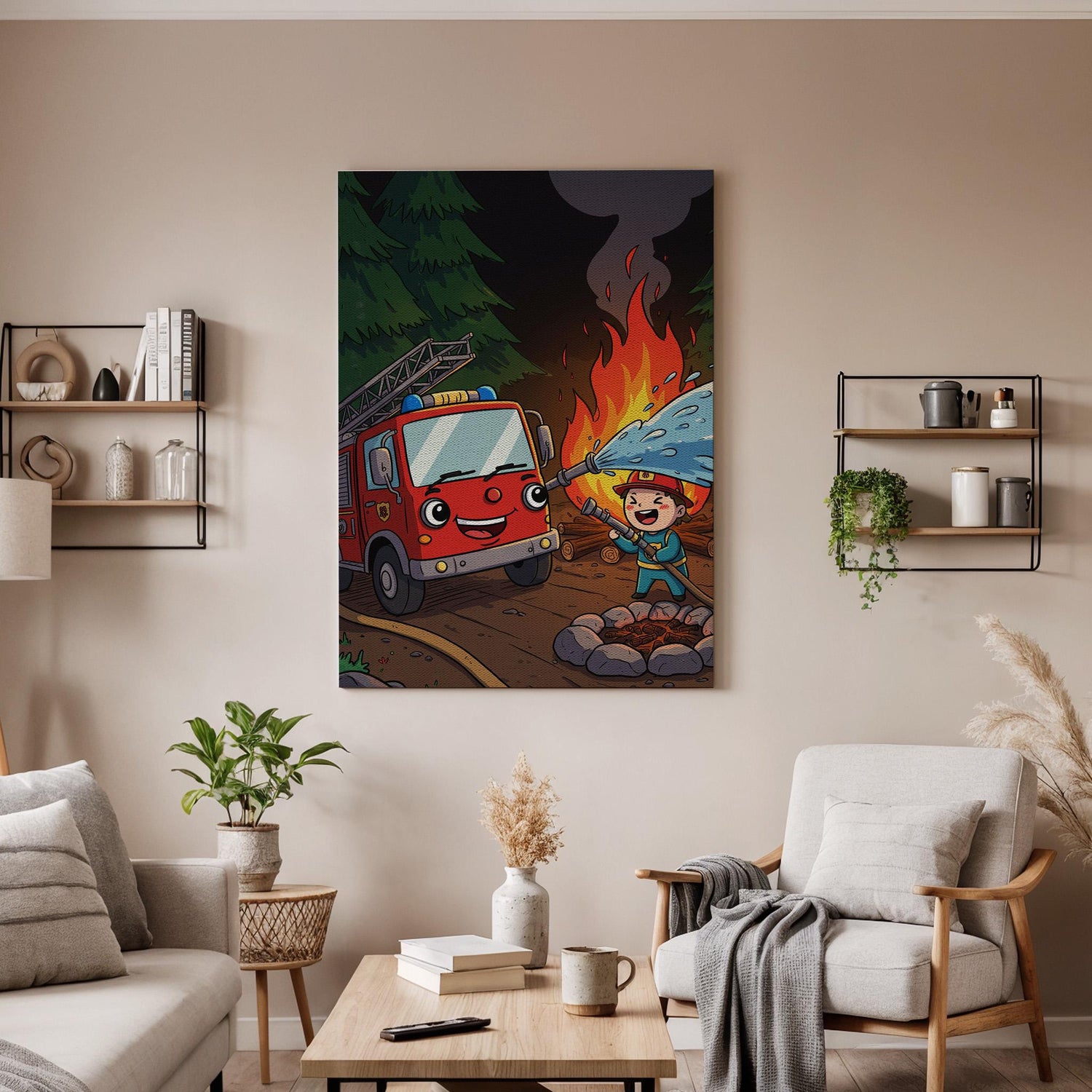 Firefighter Kids Canvas Wall Art, Cute Fire Truck Print with Flames and Water, Whimsical Rescue Artwork, Fun Nursery, Playroom Framed Decor
