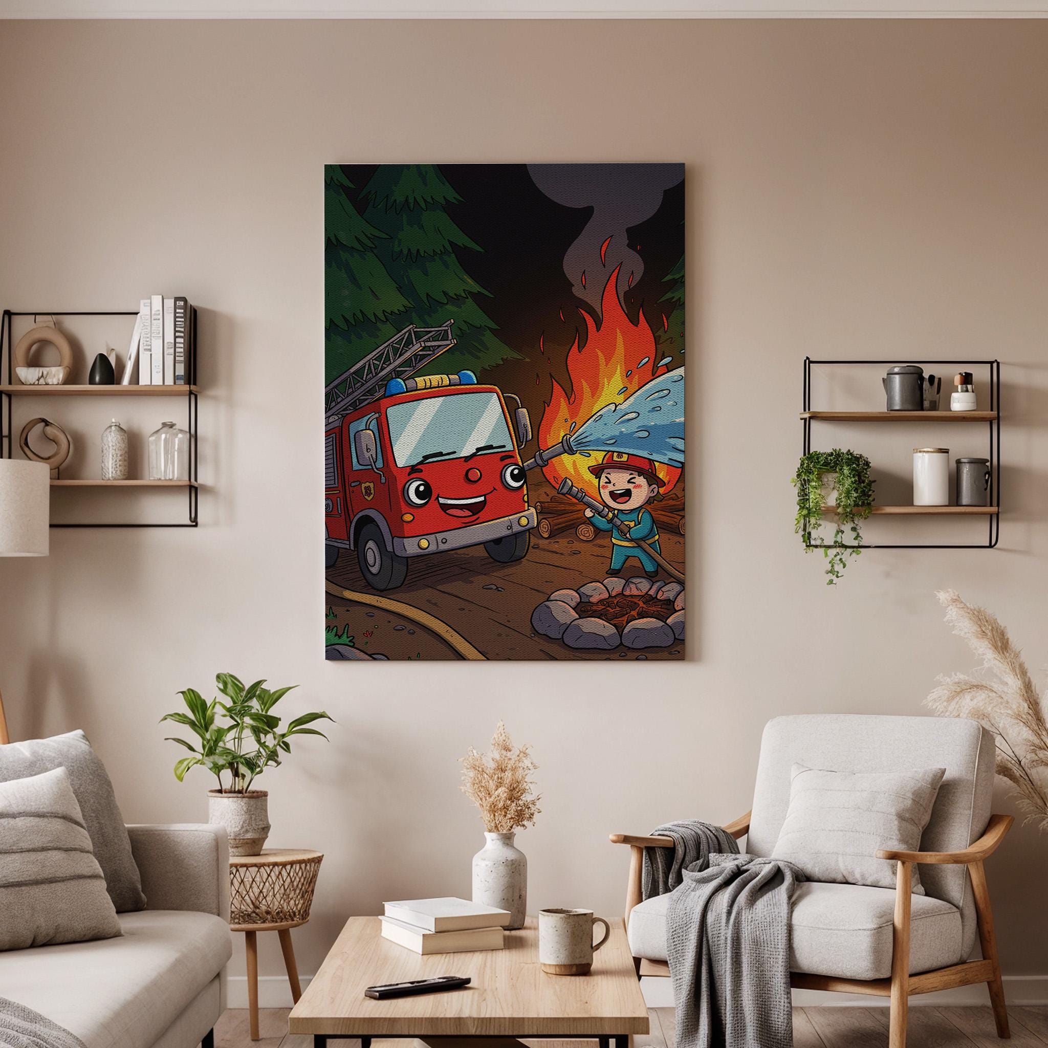 Firefighter Kids Canvas Wall Art, Cute Fire Truck Print with Flames and Water, Whimsical Rescue Artwork, Fun Nursery, Playroom Framed Decor