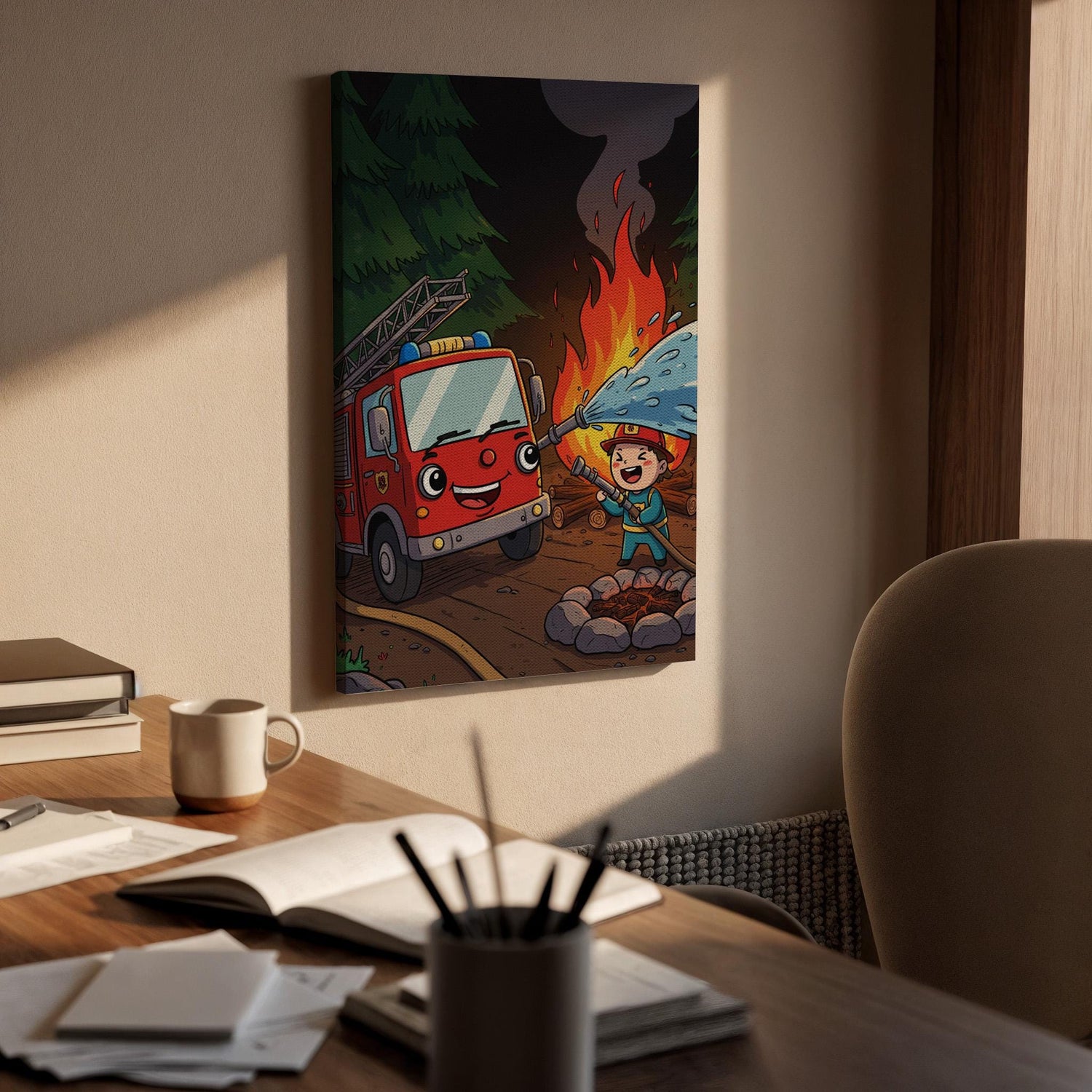 Firefighter Kids Canvas Wall Art, Cute Fire Truck Print with Flames and Water, Whimsical Rescue Artwork, Fun Nursery, Playroom Framed Decor