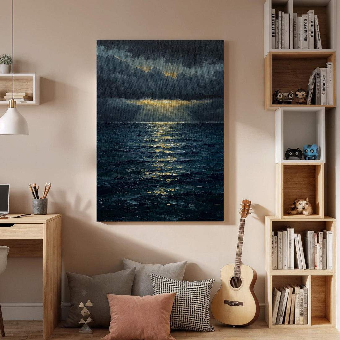 Ocean Sunset Canvas Wall Art, Stormy Sea Print, Dramatic Sky Decor, Framed Coastal Artwork, Seascape Painting for Living Room or Bedroom