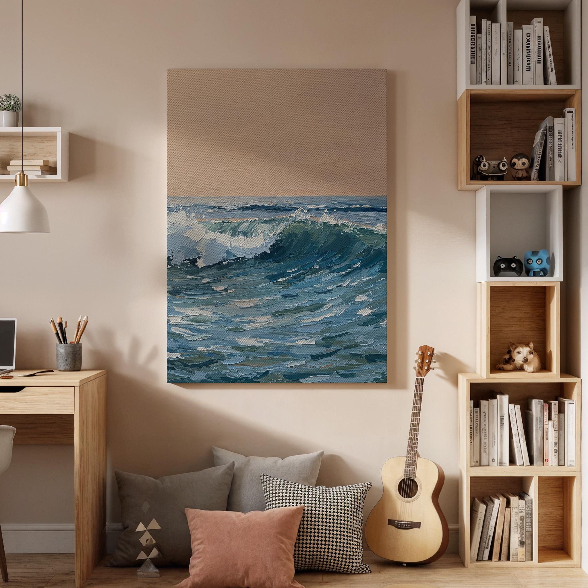 Ocean Wave Canvas Wall Art, Seascape Painting Print, Blue Coastal Artwork, Framed Minimal Beach Decor for Living Room Bedroom or Office