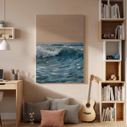 Ocean Wave Canvas Wall Art, Seascape Painting Print, Blue Coastal Artwork, Framed Minimal Beach Decor for Living Room Bedroom or Office
