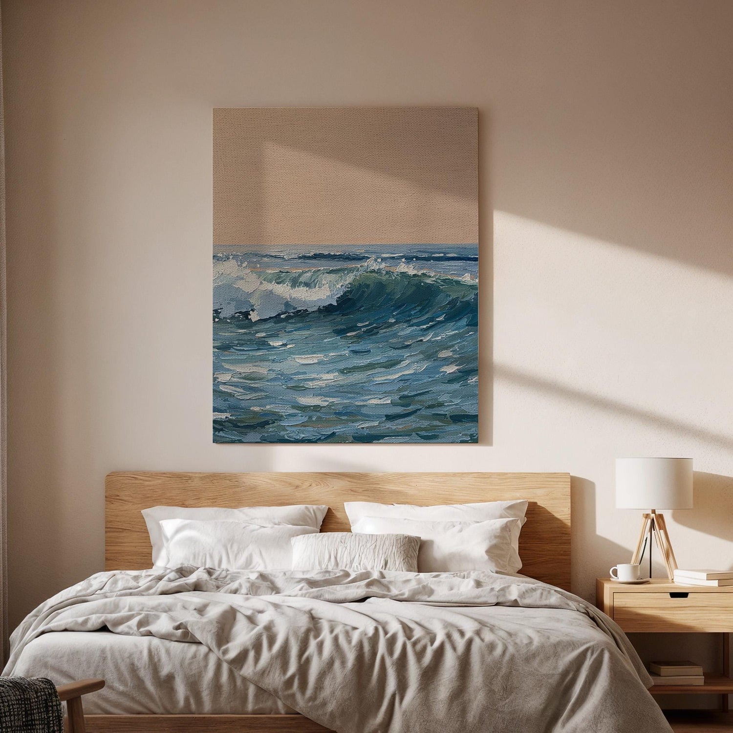 Ocean Wave Canvas Wall Art, Seascape Painting Print, Blue Coastal Artwork, Framed Minimal Beach Decor for Living Room Bedroom or Office