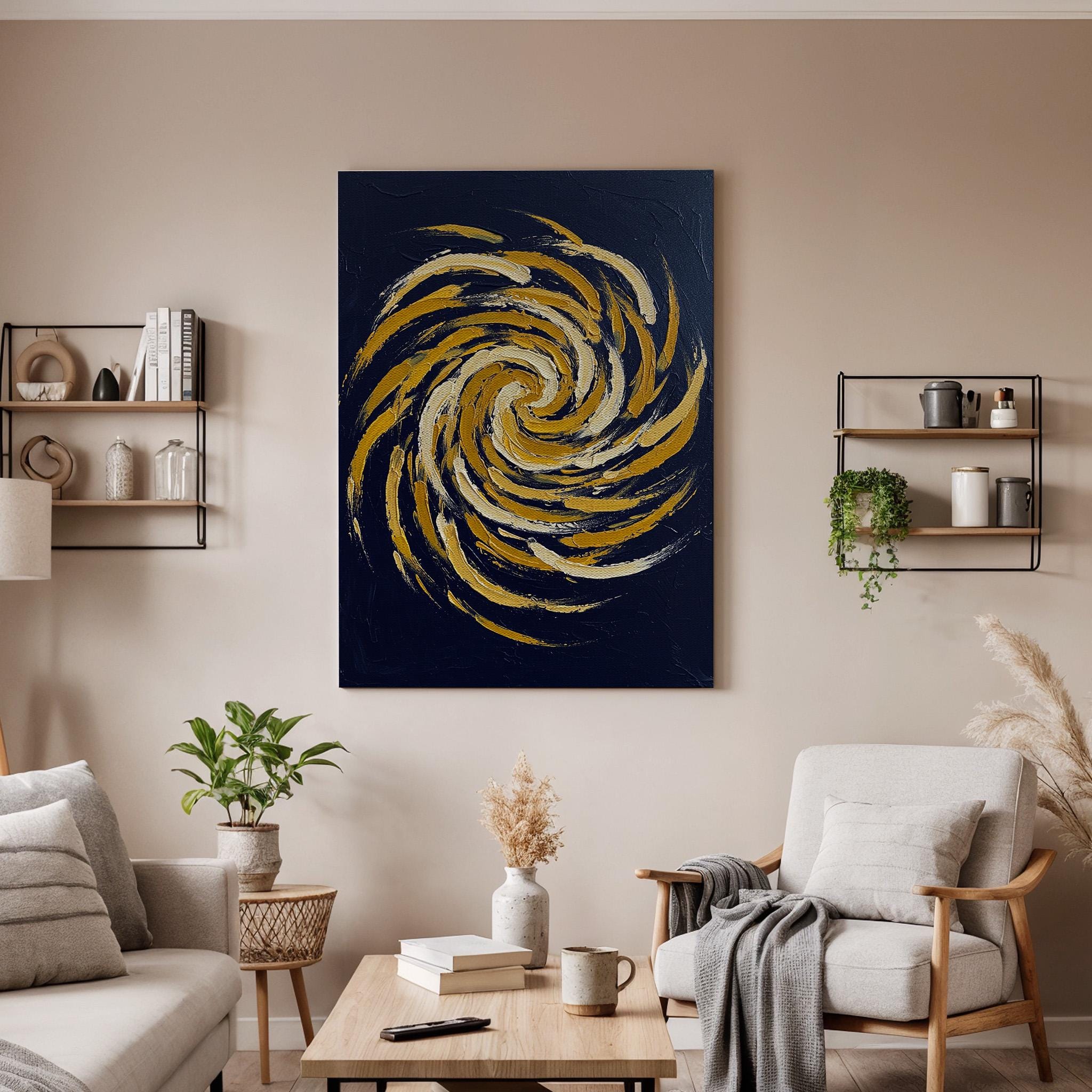 Abstract Swirl Canvas Wall Art, Blue and Gold Spiral Painting Print, Modern Geometric Artwork, Framed Minimal Decor for Living Room, Office