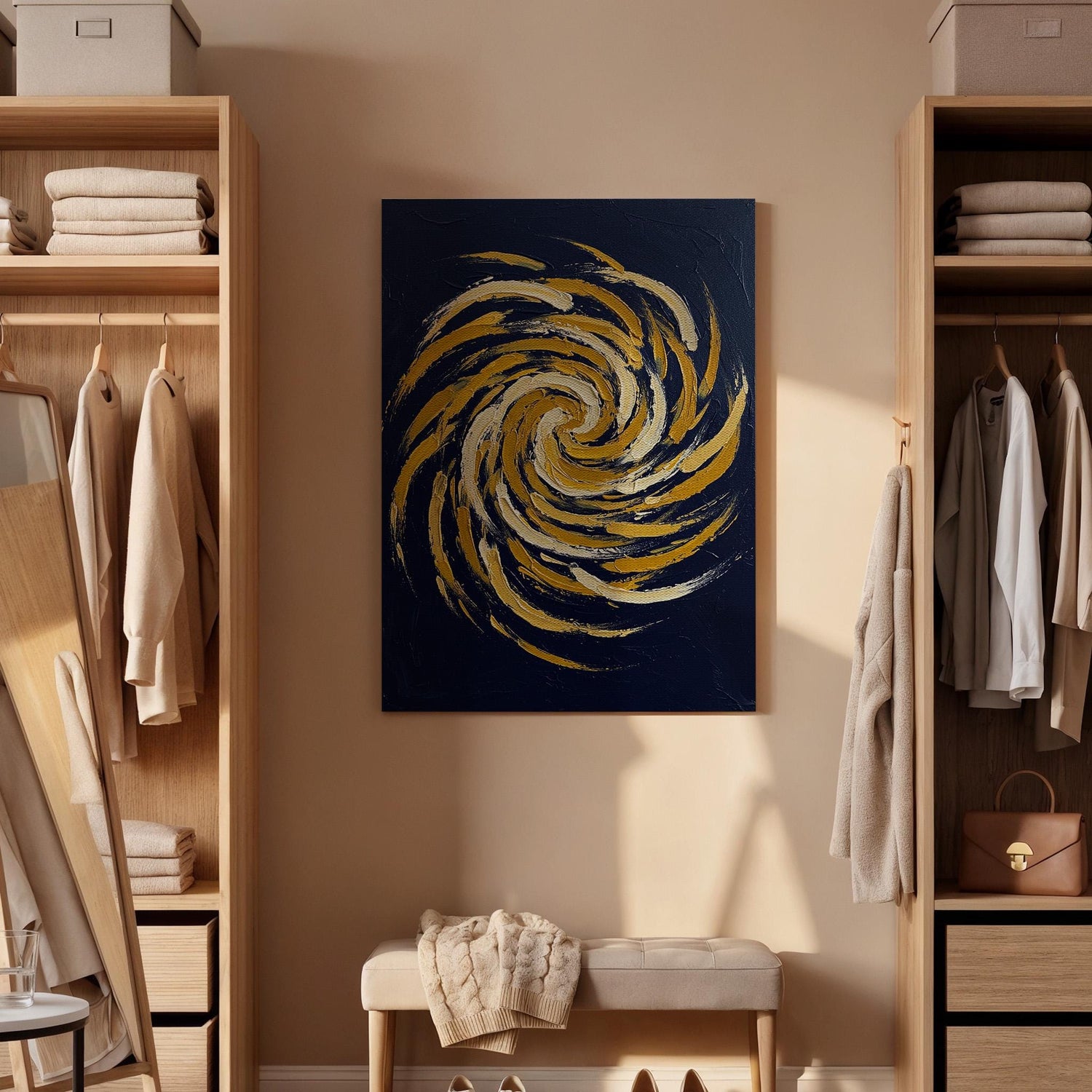 Abstract Swirl Canvas Wall Art, Blue and Gold Spiral Painting Print, Modern Geometric Artwork, Framed Minimal Decor for Living Room, Office