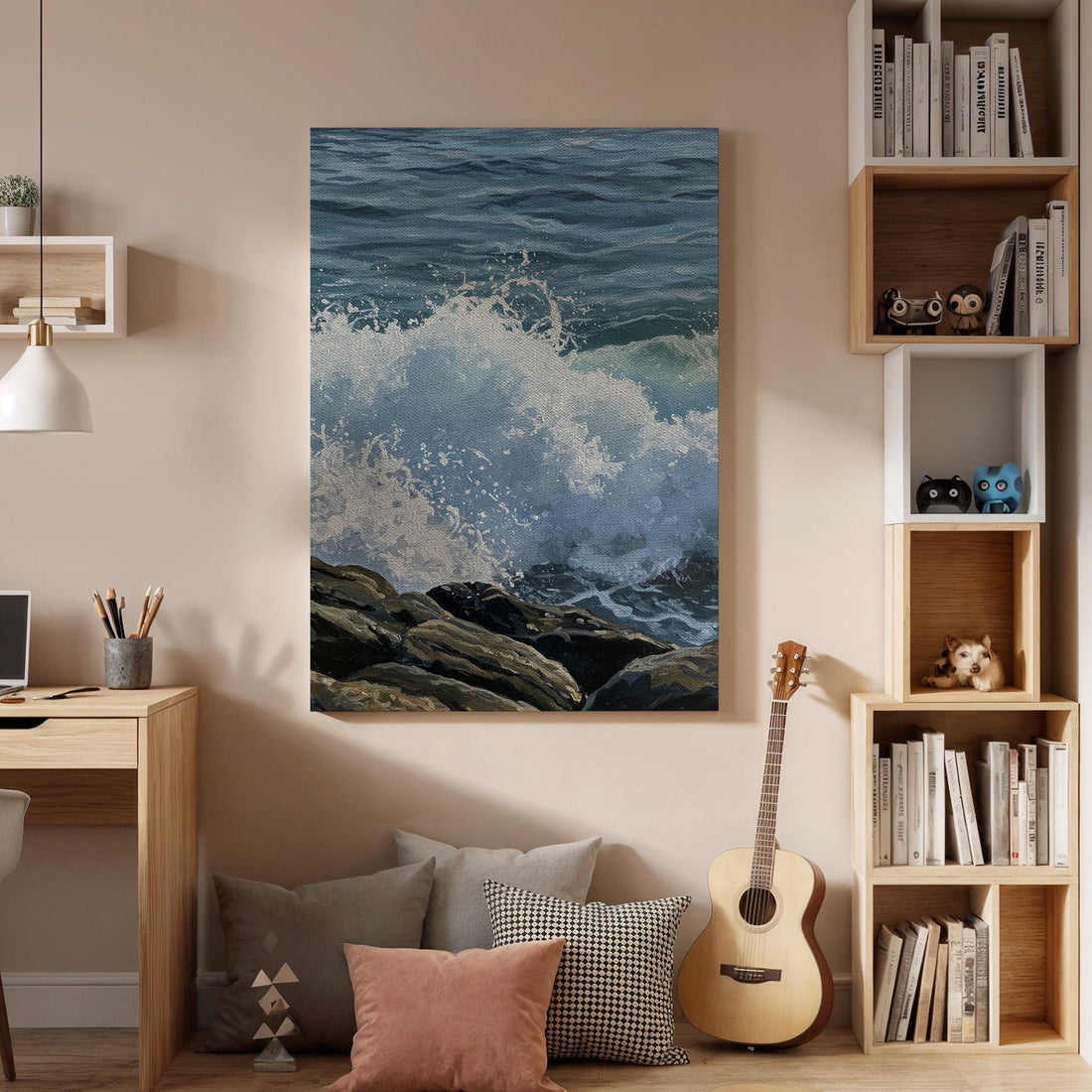 Ocean Wave Crash Canvas Wall Art, Coastal Seascape Print, Framed Beach Nature Decor for Bathroom, Living Room or Coastal Themed Spaces