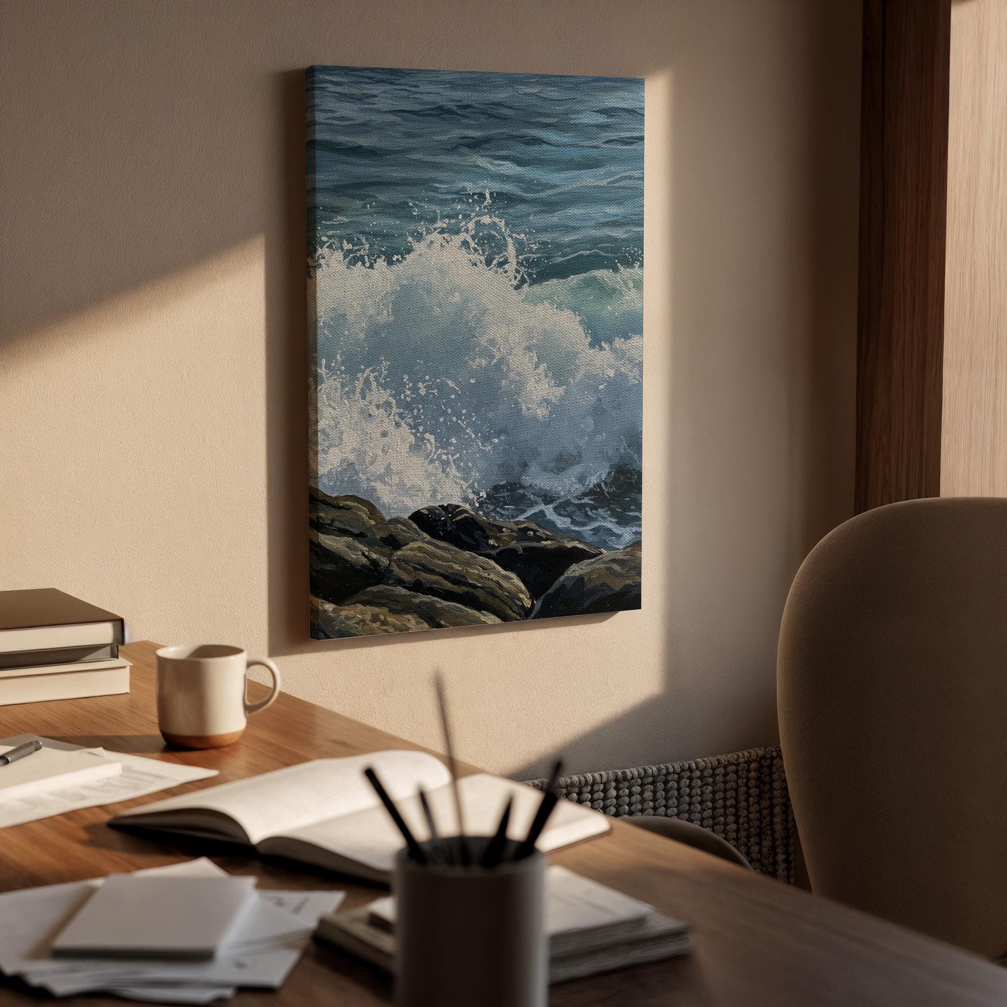 Ocean Wave Crash Canvas Wall Art, Coastal Seascape Print, Framed Beach Nature Decor for Bathroom, Living Room or Coastal Themed Spaces