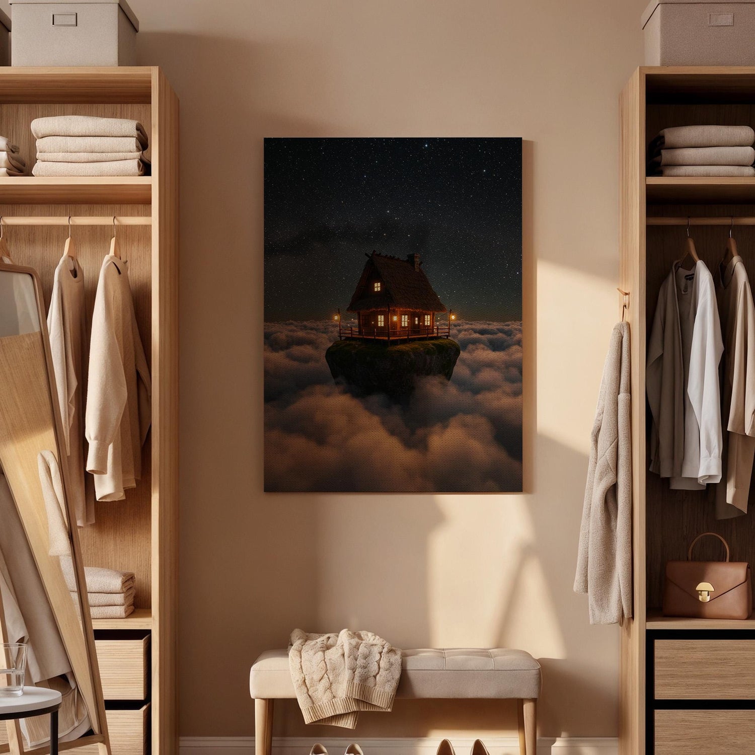 Floating Cabin Canvas Wall Art, Fantasy Night Sky Print, Dream House Above Clouds, Surreal Landscape Artwork for Bedroom or Living Room