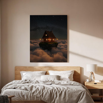 Floating Cabin Canvas Wall Art, Fantasy Night Sky Print, Dream House Above Clouds, Surreal Landscape Artwork for Bedroom or Living Room