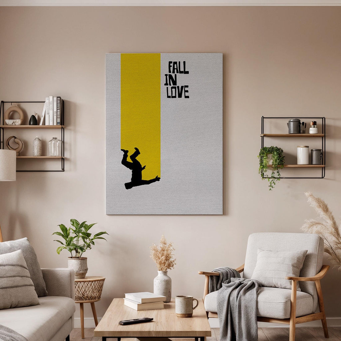 Fall In Love Canvas Wall Art, Minimalist Street Art Print, Yellow Accent Modern Artwork,Framed Contemporary Decor for Bedroom or Living Room