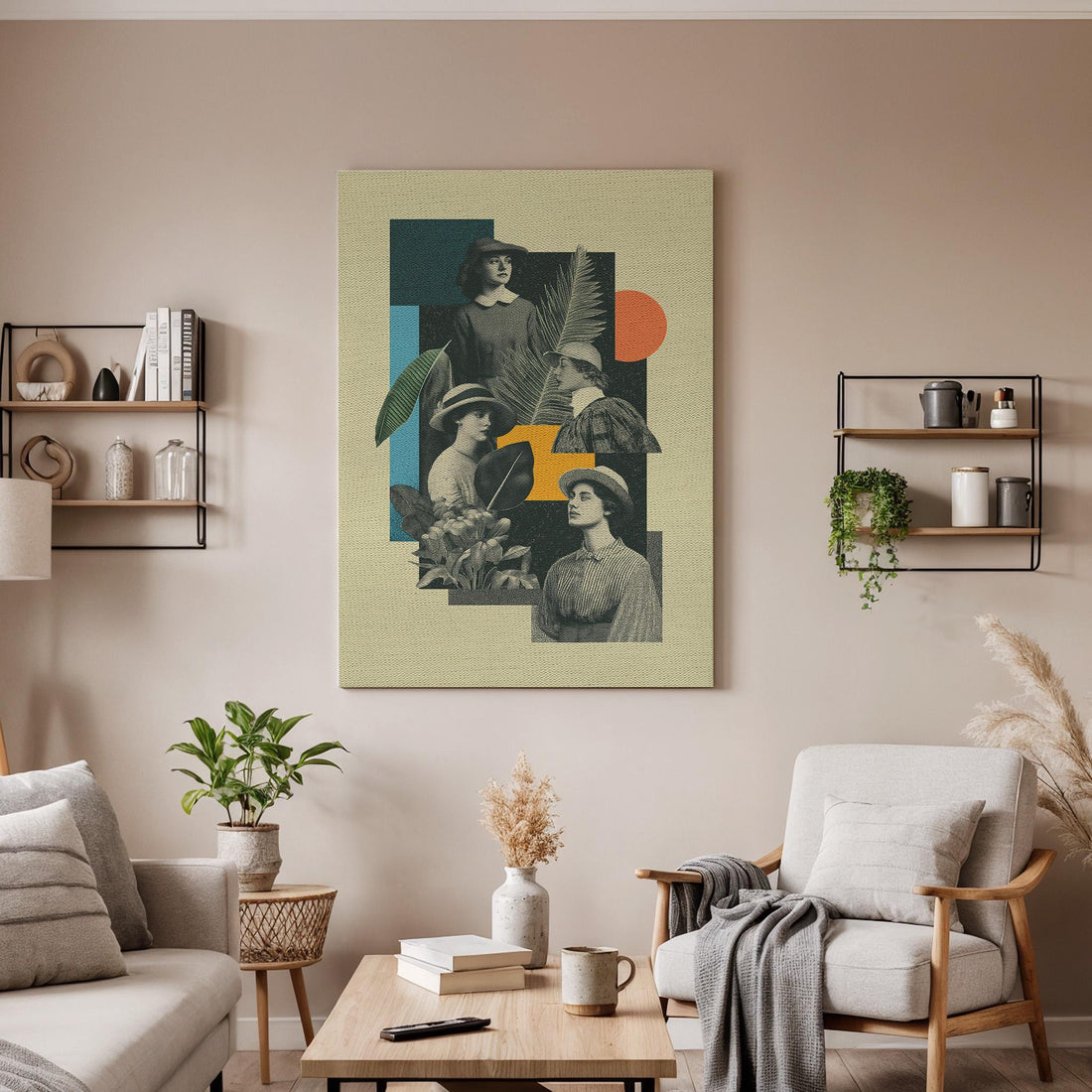 Vintage Women Collage Canvas Wall Art, Retro Portrait Illustration, Botanical Minimal Artwork,Framed Modern Print for Living Room or Bedroom