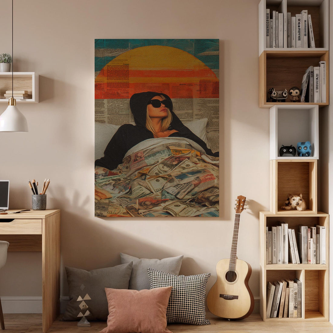 Woman Money Bed Canvas Wall Art, Modern Pop Art Print, Retro Sun Illustration, Framed Cool Artwork for Bedroom Living Room or Creative Space