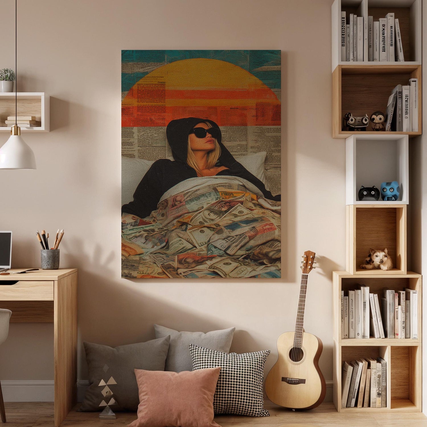 Woman Money Bed Canvas Wall Art, Modern Pop Art Print, Retro Sun Illustration, Framed Cool Artwork for Bedroom Living Room or Creative Space