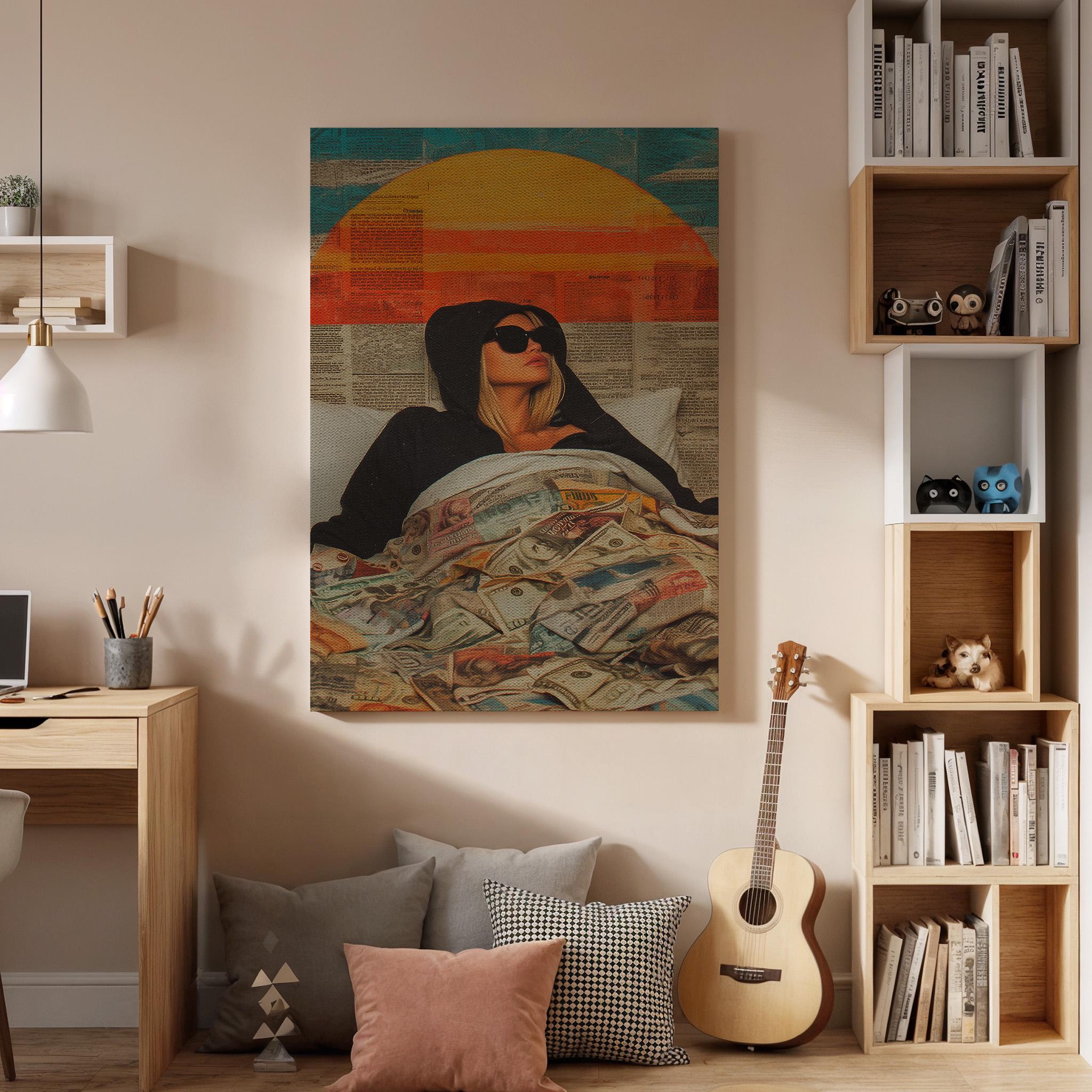 Woman Money Bed Canvas Wall Art, Modern Pop Art Print, Retro Sun Illustration, Framed Cool Artwork for Bedroom Living Room or Creative Space