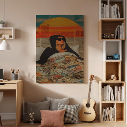 Woman Money Bed Canvas Wall Art, Modern Pop Art Print, Retro Sun Illustration, Framed Cool Artwork for Bedroom Living Room or Creative Space