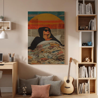 Woman Money Bed Canvas Wall Art, Modern Pop Art Print, Retro Sun Illustration, Framed Cool Artwork for Bedroom Living Room or Creative Space