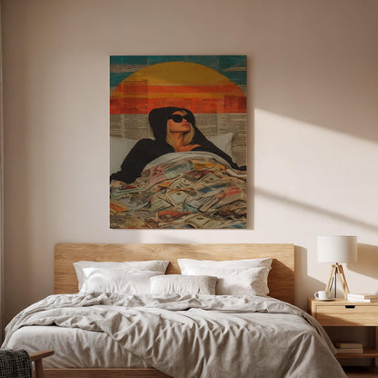 Woman Money Bed Canvas Wall Art, Modern Pop Art Print, Retro Sun Illustration, Framed Cool Artwork for Bedroom Living Room or Creative Space