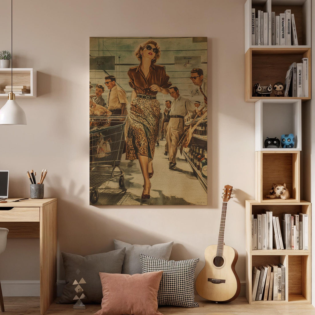 Vintage Woman Canvas Wall Art, Retro Grocery Shopping Illustration, Mid Century Style Print, Framed Fashion Artwork for Kitchen, Living Room