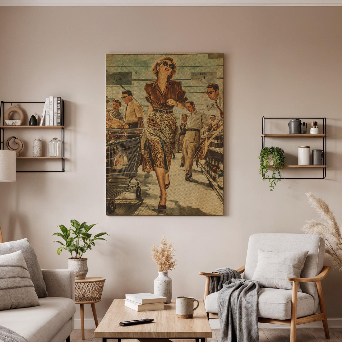 Vintage Woman Canvas Wall Art, Retro Grocery Shopping Illustration, Mid Century Style Print, Framed Fashion Artwork for Kitchen, Living Room