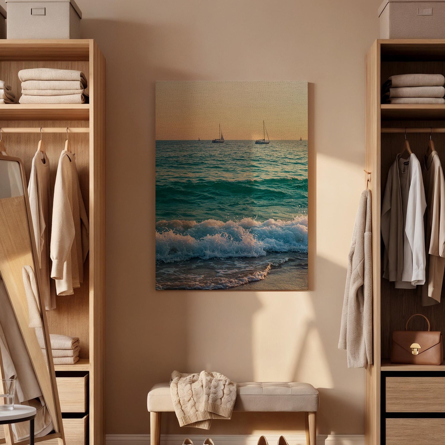 Ocean Waves Canvas Wall Art, Sunset Beach Print, Sailboat Seascape Photography, Framed Coastal Artwork for Living Room Bedroom or Office