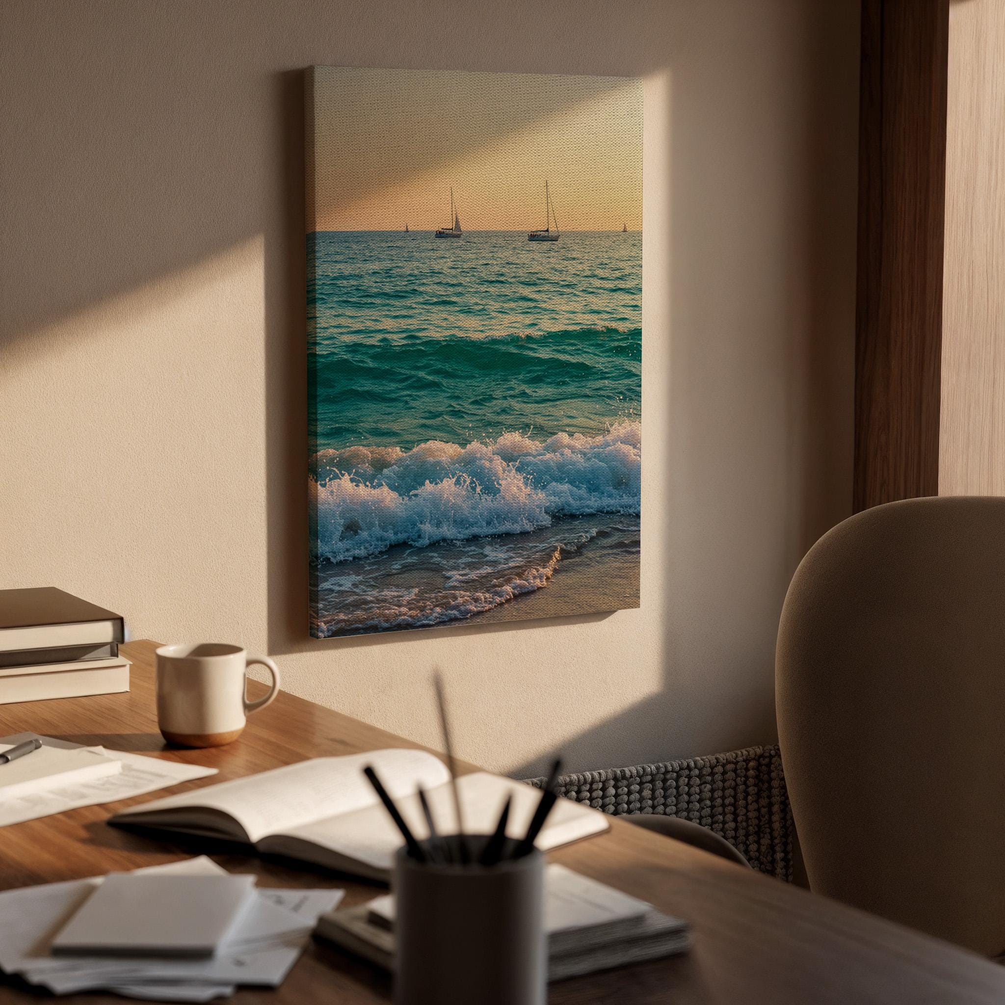 Ocean Waves Canvas Wall Art, Sunset Beach Print, Sailboat Seascape Photography, Framed Coastal Artwork for Living Room Bedroom or Office