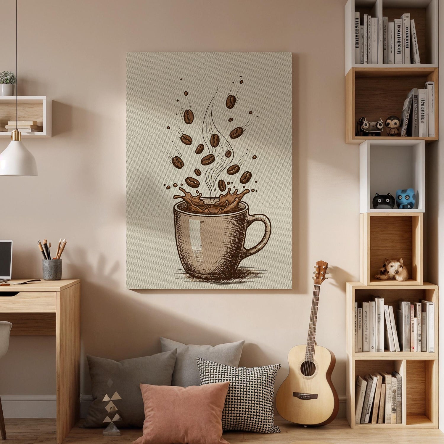 Coffee Cup Canvas Wall Art, Vintage Kitchen Print with Beans and Splash, Rustic Cafe Decor, Framed Artwork for Dining Room or Coffee Bar