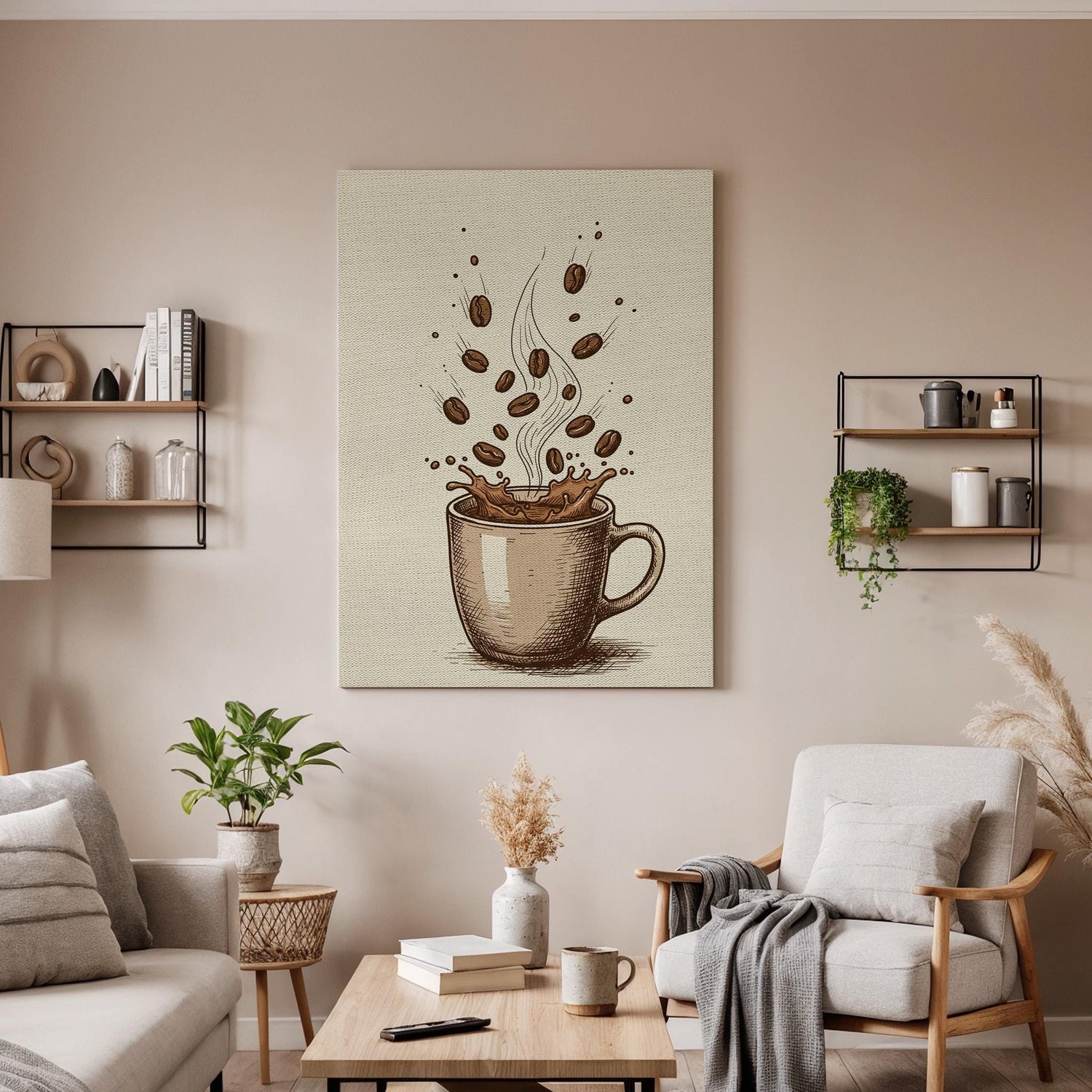 Coffee Cup Canvas Wall Art, Vintage Kitchen Print with Beans and Splash, Rustic Cafe Decor, Framed Artwork for Dining Room or Coffee Bar