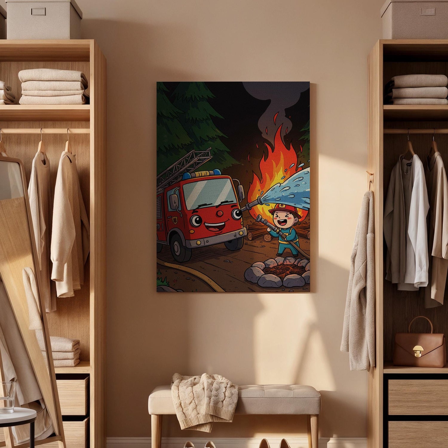 Firefighter Kids Canvas Wall Art, Cute Fire Truck Print with Flames and Water, Whimsical Rescue Artwork, Fun Nursery, Playroom Framed Decor