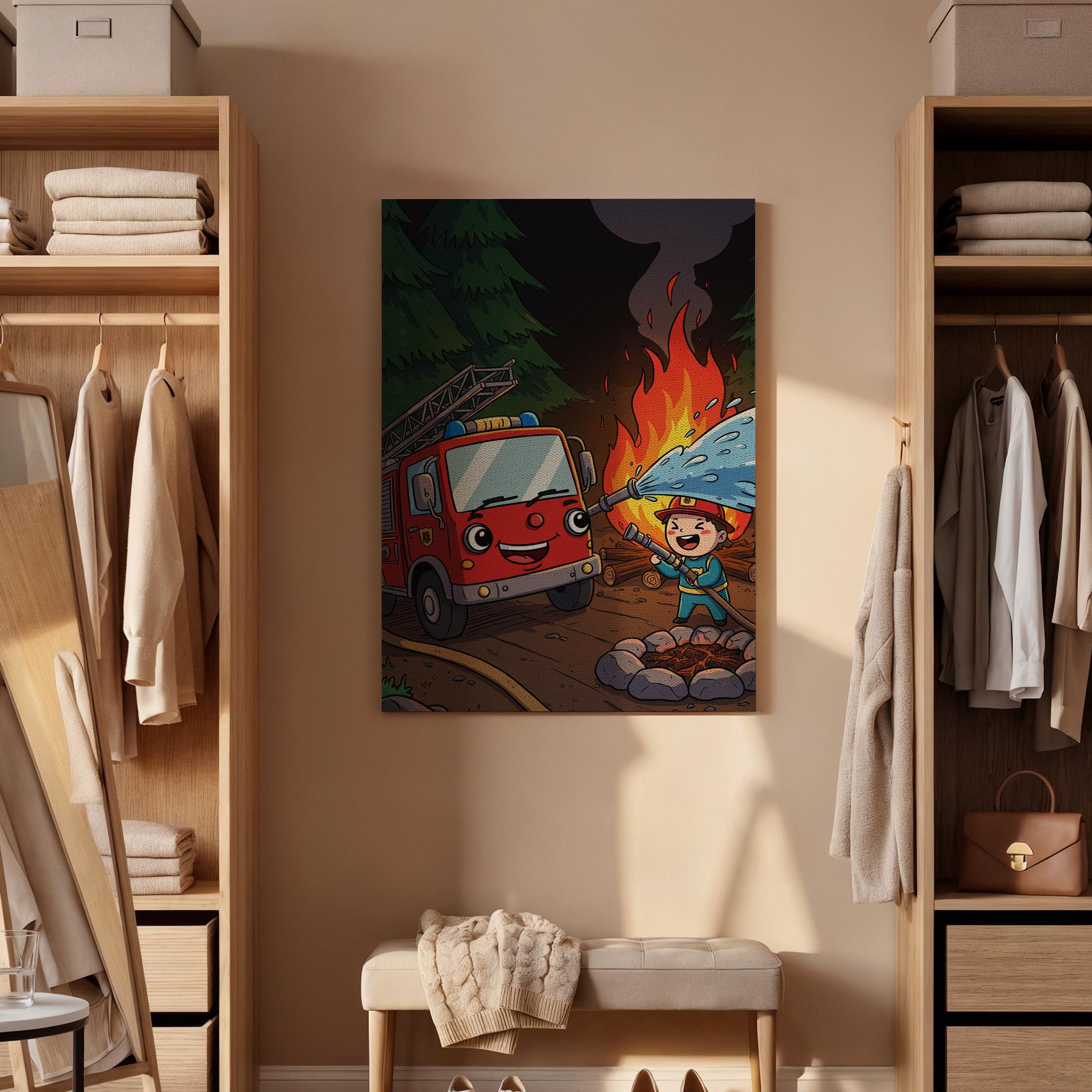 Firefighter Kids Canvas Wall Art, Cute Fire Truck Print with Flames and Water, Whimsical Rescue Artwork, Fun Nursery, Playroom Framed Decor