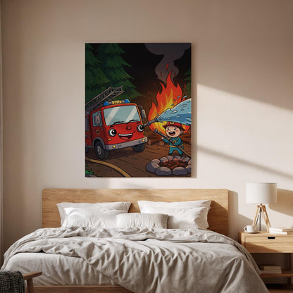 Firefighter Kids Canvas Wall Art, Cute Fire Truck Print with Flames and Water, Whimsical Rescue Artwork, Fun Nursery, Playroom Framed Decor