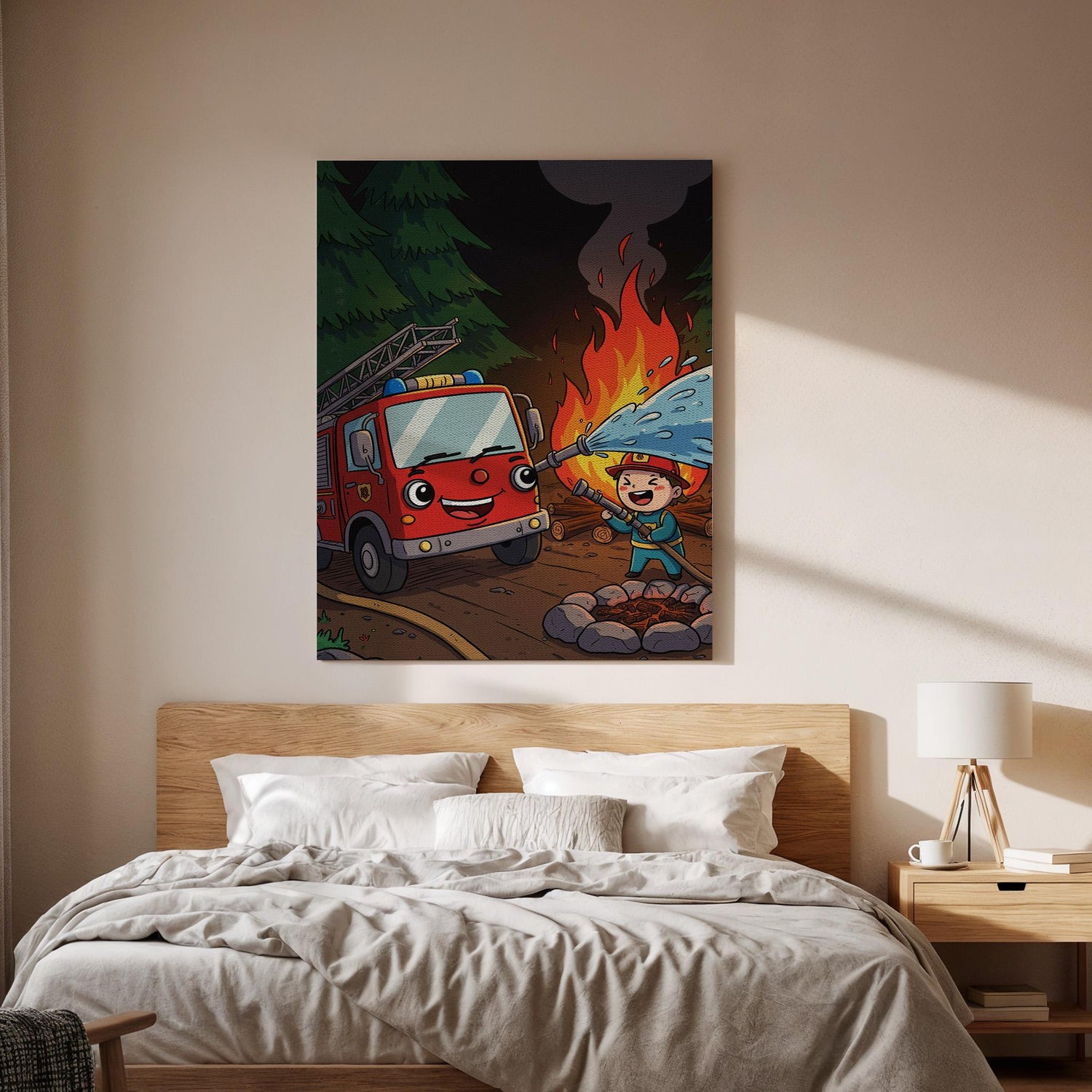 Firefighter Kids Canvas Wall Art, Cute Fire Truck Print with Flames and Water, Whimsical Rescue Artwork, Fun Nursery, Playroom Framed Decor