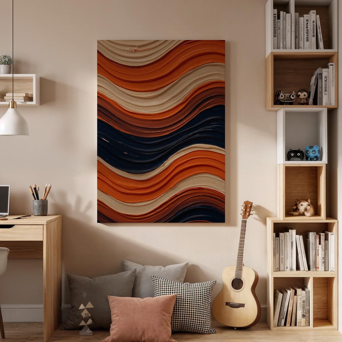 Orange Blue Wave Canvas Wall Art, Abstract Geometric Print, Framed Modern Artwork, Minimal Decor, Vibrant Pattern Painting for Living Room